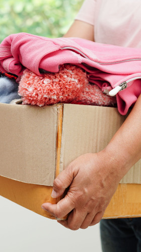 Donations in a cardboard box
