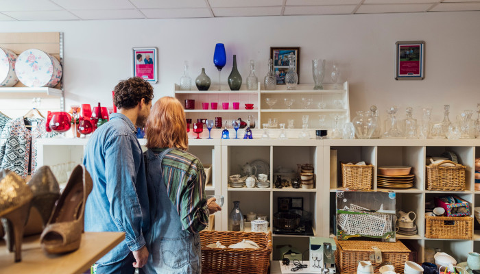 Browsing homewares in a charity shop