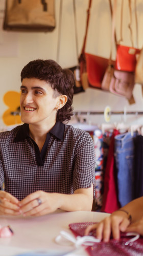 Volunteers chatting around a table