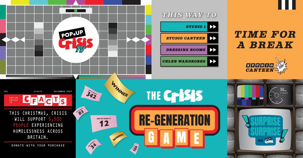 Pop-up Crisis shop, 80's tv themed signage.