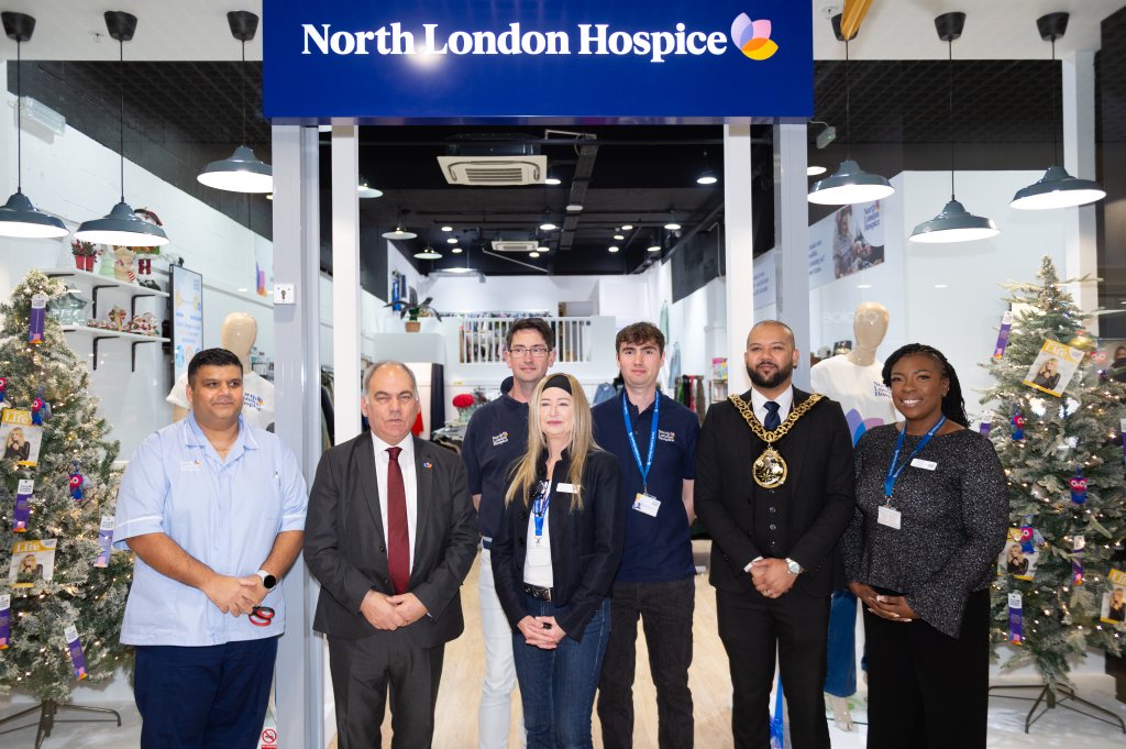 North London Hospice shop opening with staff and mayor.