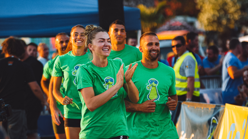 A group of people finishing a race.