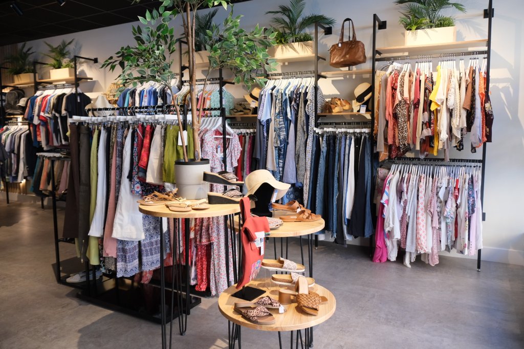 Shop display, clothing and accessories.