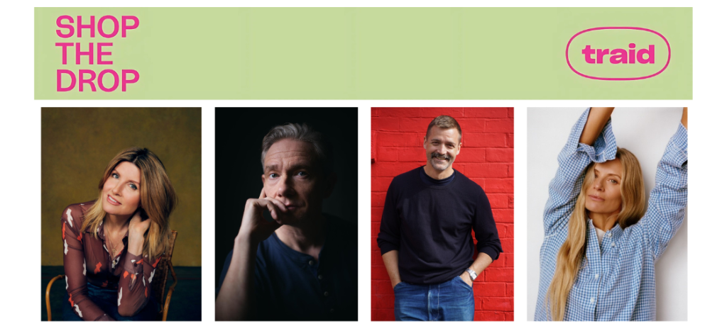 TRAID promo banner with Sharon Horgan, Martin Freeman, Patrick Grant, Laura Bailey.