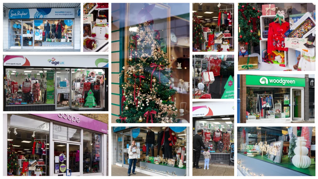 Collage of various colourful Christmas charity shop window displays.
